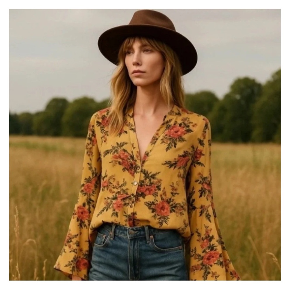 Yellow free people Floral V-Neck Long Sleeve Blouse